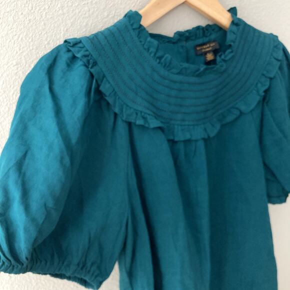 Current Air NEW Embroidered Ruffle Yoke Puff Sleeve Top - Green - Small - Picture 5 of 9